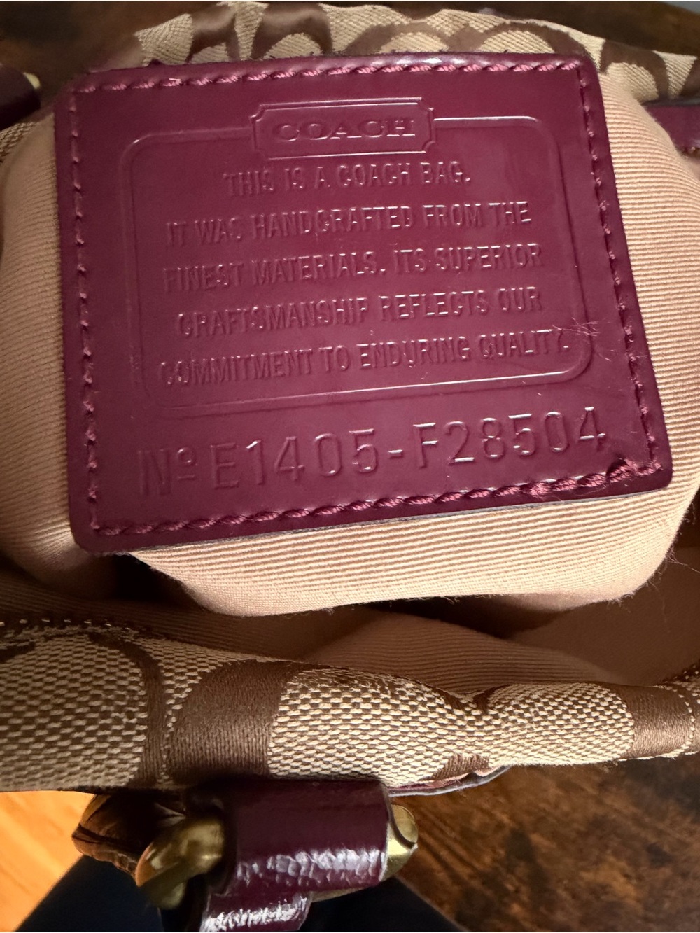 Coach F28504 Signature Stripe Tote Bag Khaki Burgundy Canvas Leather - Picture 12 of 13
